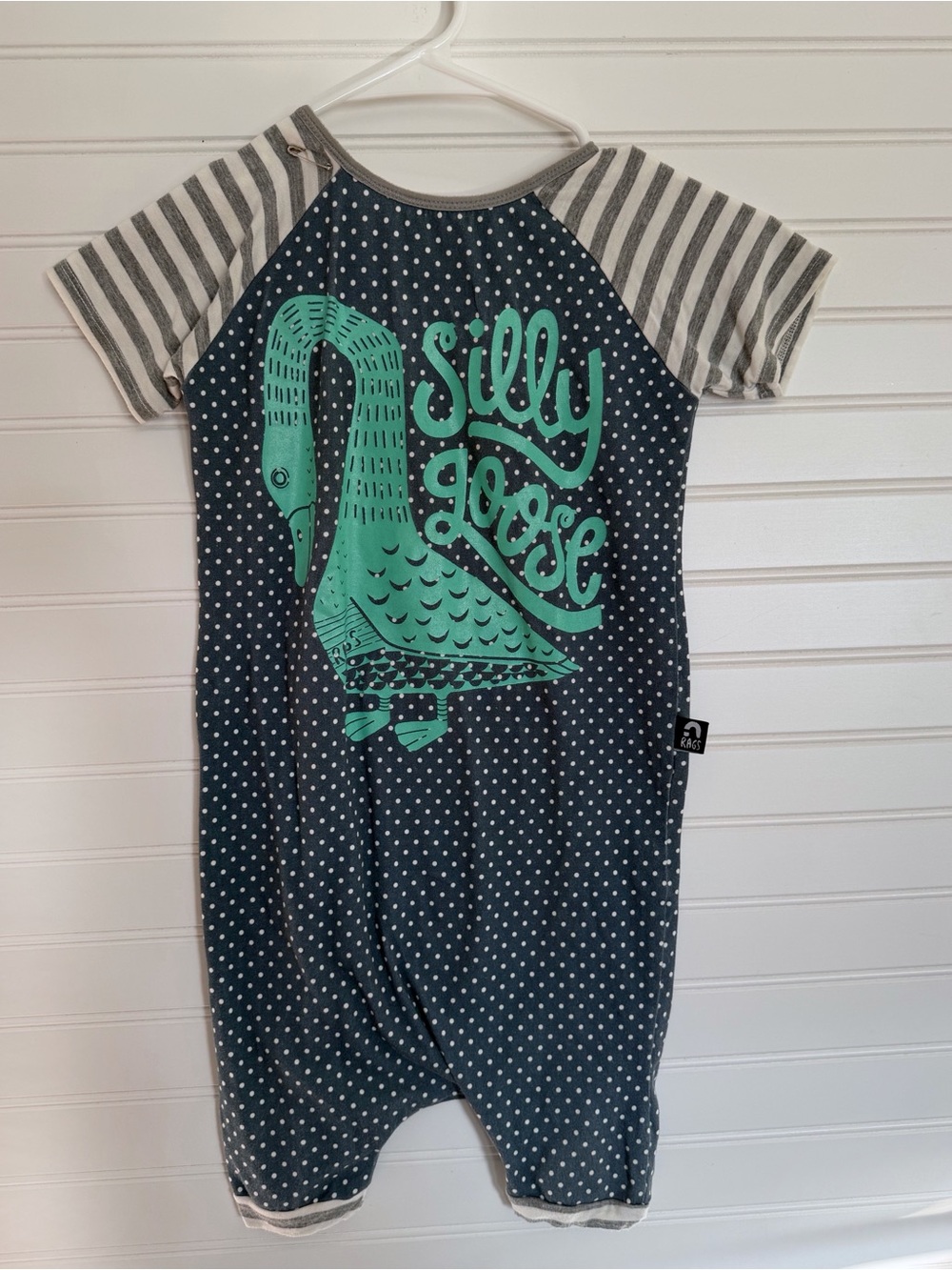 RAGS Silly Goose Graphic Polka Dot pull on Romper - Navy & Mint